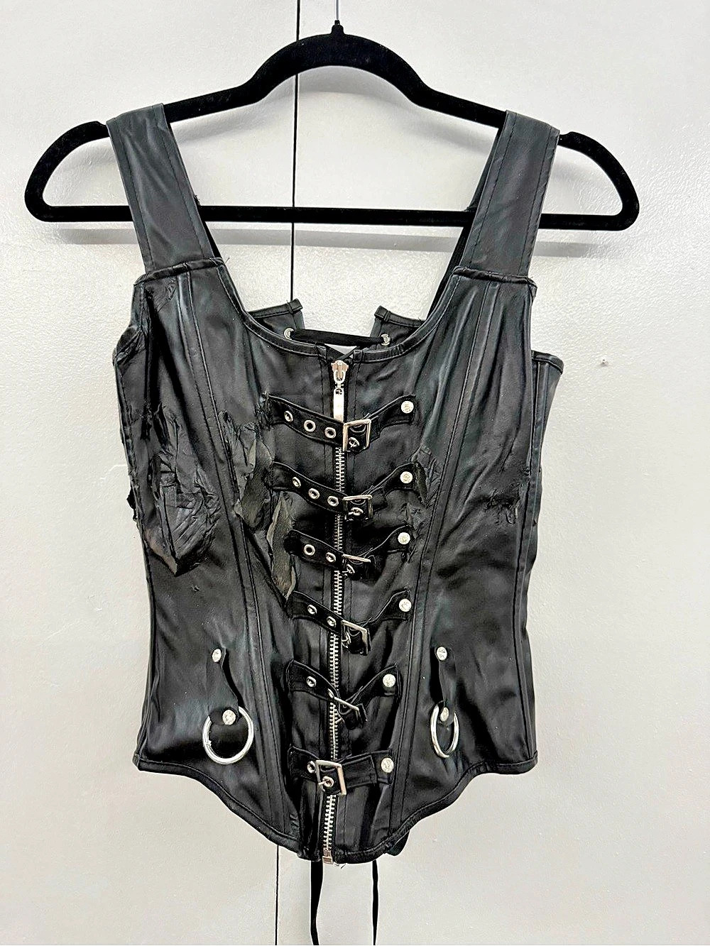 Distressed Black Faux Leather Buckle Corset Top Size S